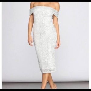 Silver / white sequin midi dress